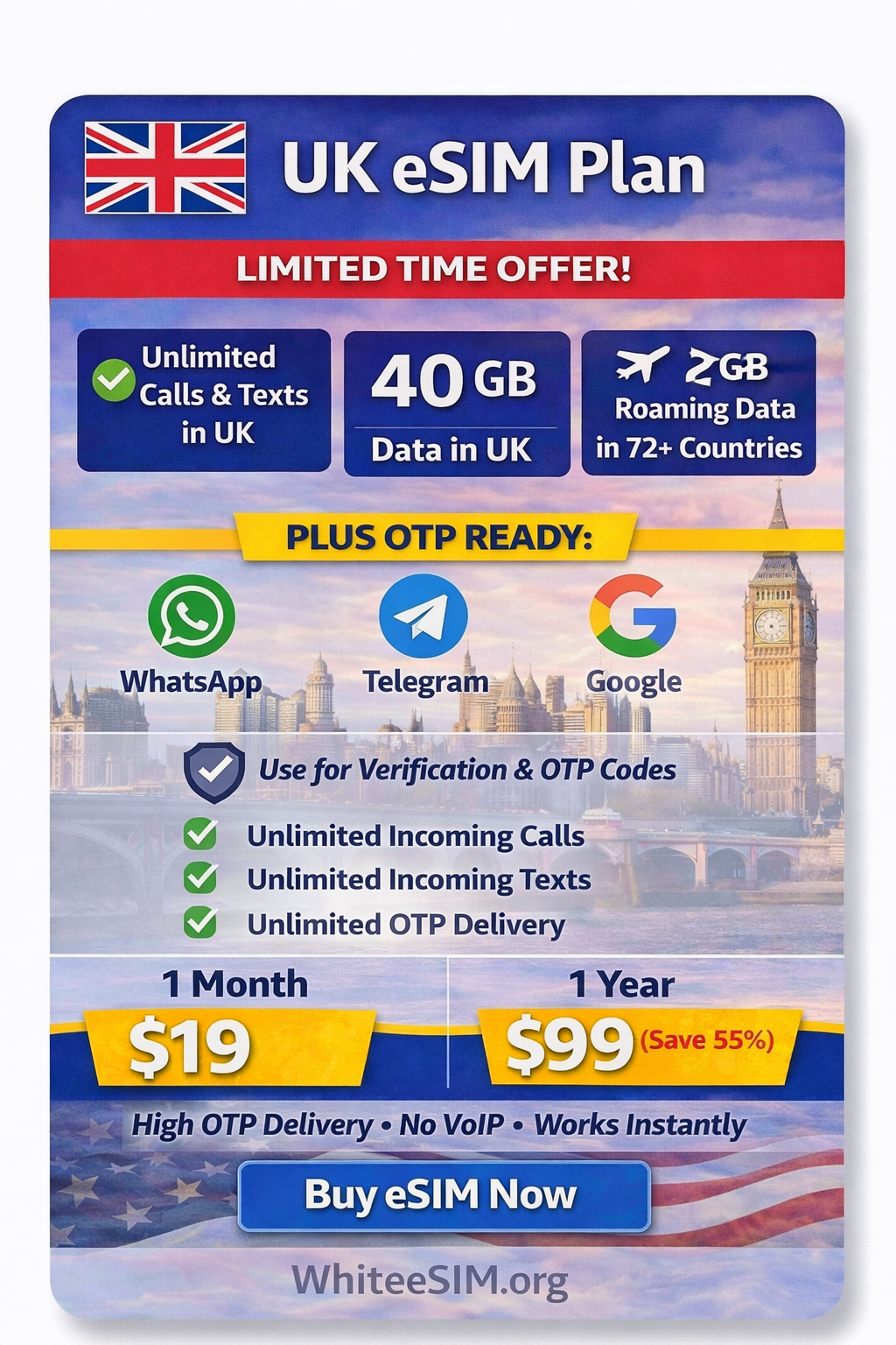 UK eSIM Plan — $19/month or $99/year. Non-VoIP UK number with 40GB data, unlimited calls and texts, 2GB roaming in 72+ countries.